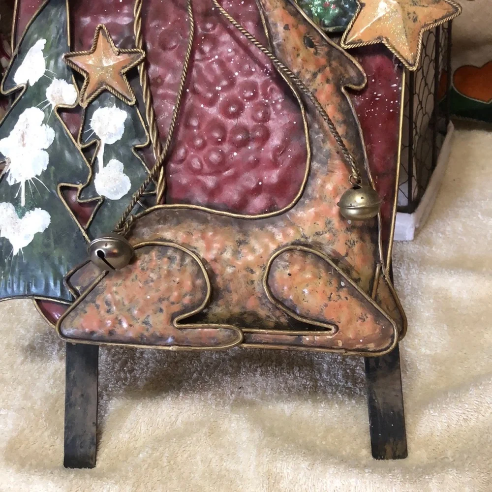 Vintage Metal Merry Christmas Sign Santa & Sleigh Wall Hanging Decor 34 1/2”x16”
